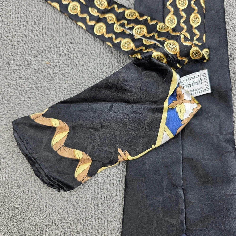 Georgio Gentelli Baroque Medallion Tie Men Blue Gold Silk Jacquard Handmade 4